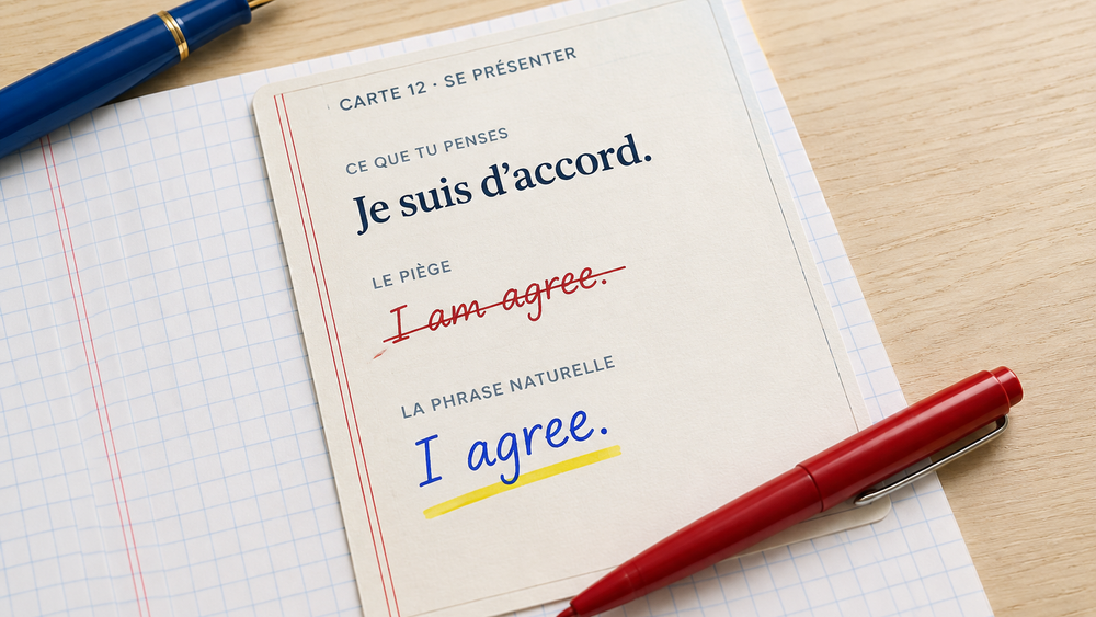 Une carte : I am agree barré, I agree en bleu