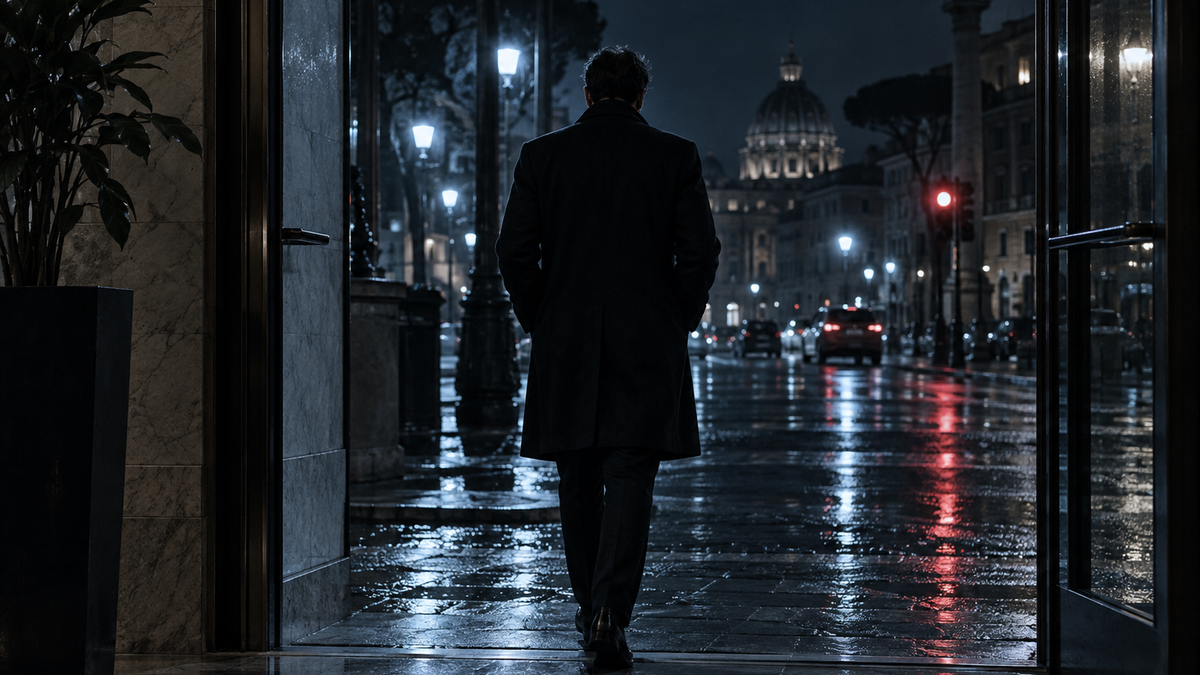 Un uomo esce dall'ufficio la sera, calmo e sicuro