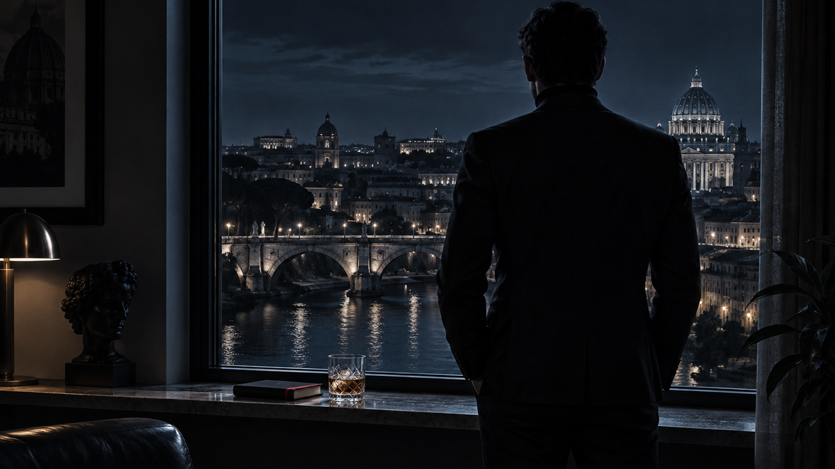 Un uomo calmo alla finestra di sera guarda la città